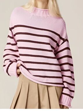 Striped Pink Crewneck Sweater with Brown Stripes
